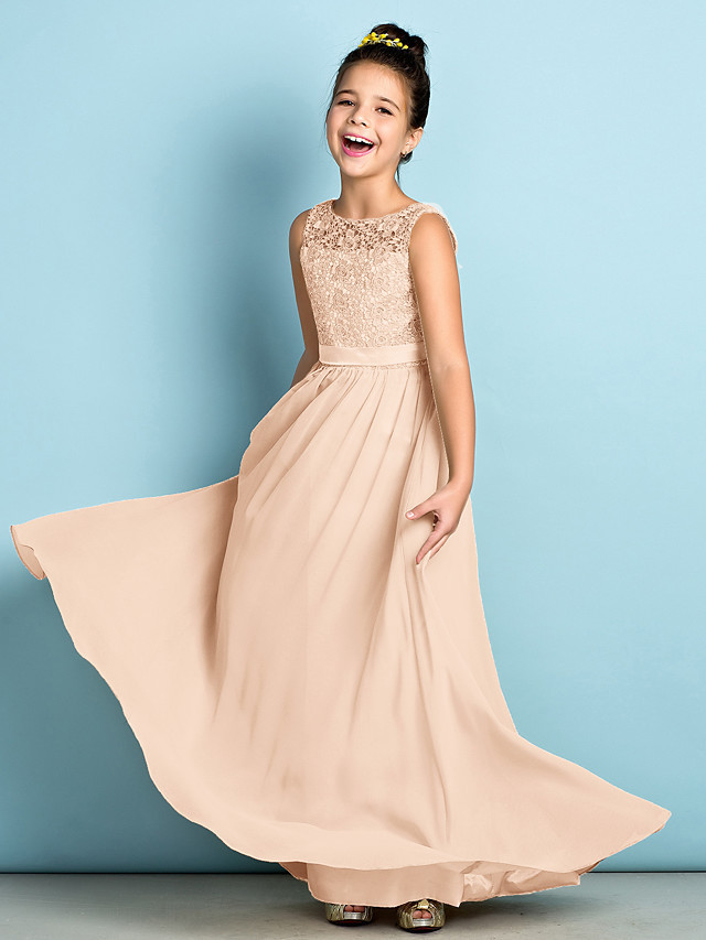 A-Line Scoop Neck Floor Length Chiffon / Lace Junior Bridesmaid Dress With Lace / Natural / Mini Me