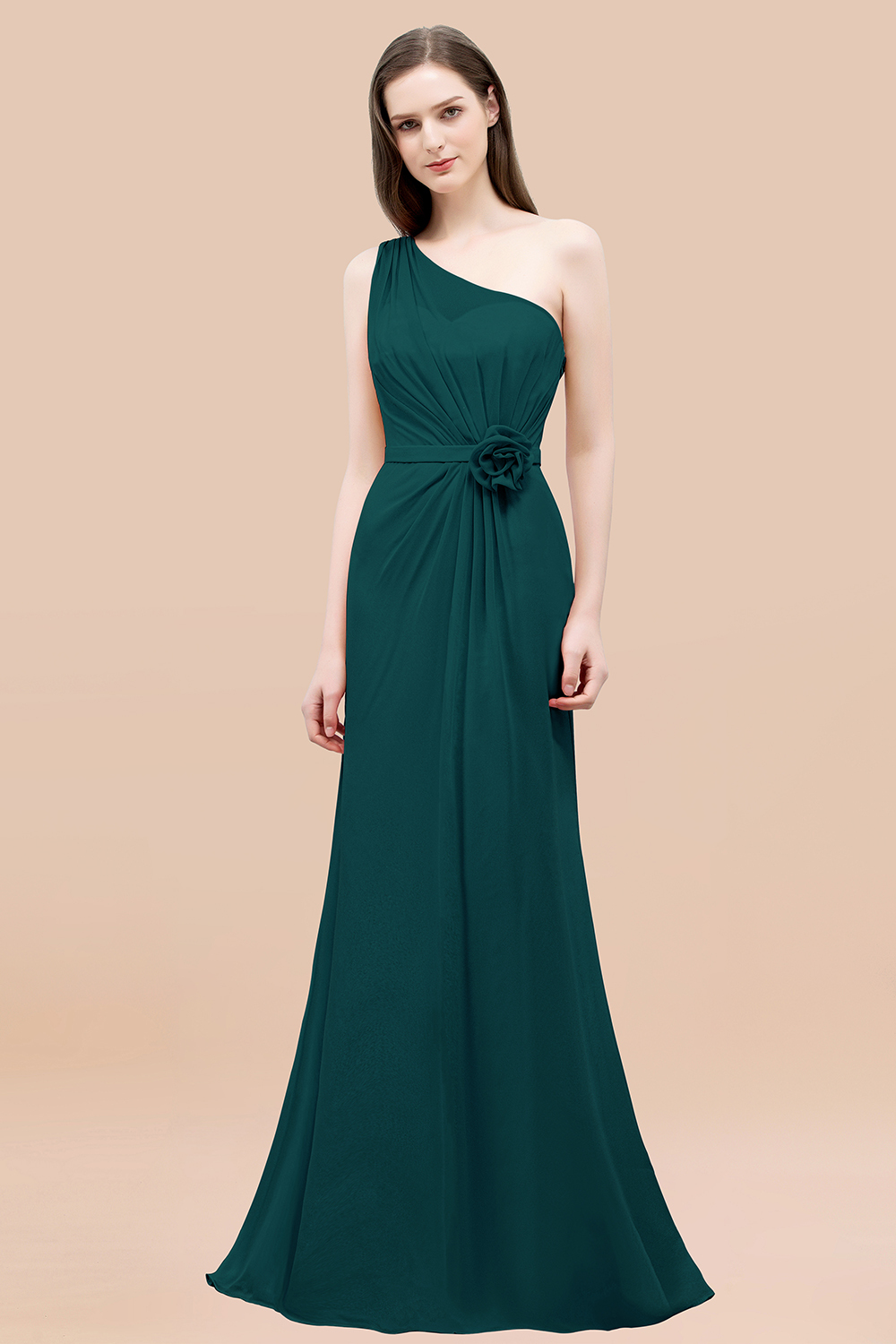 Mermaid Chiffon One-shoulder Sleeveless Ruffled Floor-Length Bridesmaid Dresses with Flower
