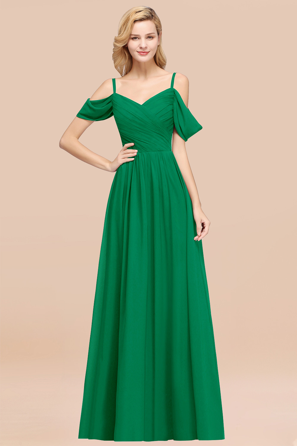 A-Line Chiffon V-Neck Spaghetti Straps Short-Sleeves Floor-Length Bridesmaid Dresses with Ruffles