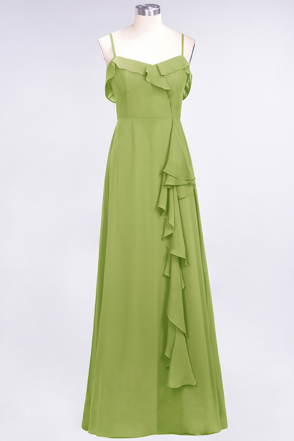 Spaghetti Straps A-Line Chiffon Backless Floor-length Prom Dress With Ruffles