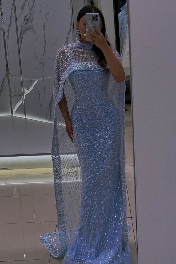 Sparkle Blue Mermaid Beads Beading Prom Dress with Watteau