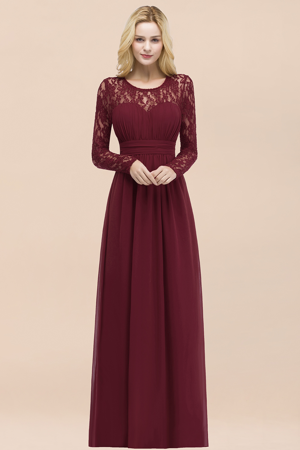 Elegant A-Line Chiffon Jewel Long Sleeves Ruffles Floor-Length Bridesmaid Dresses