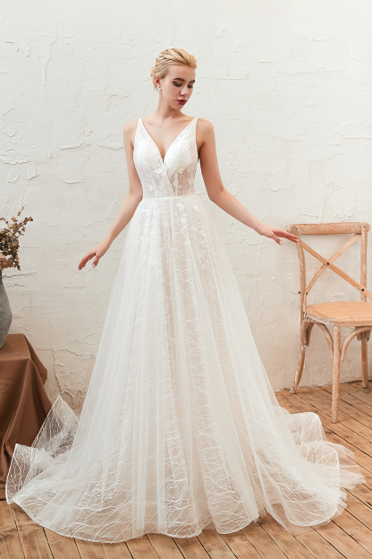 Classy A-Line Long V-neck Floor-length Lace Tulle Open Back Wedding Dress