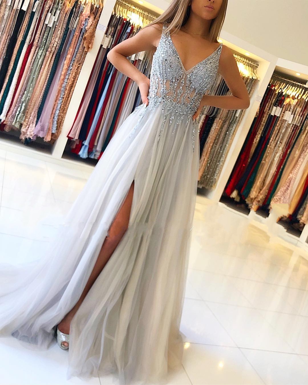 Stylish Long V-neck Beading A-Line Ruffles Prom Dress With Slit