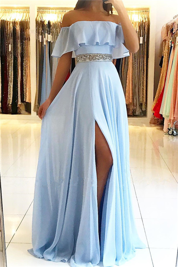 Long Chiffon Off the Shoulder A-Line Floor Length Prom Dress With Side Slit