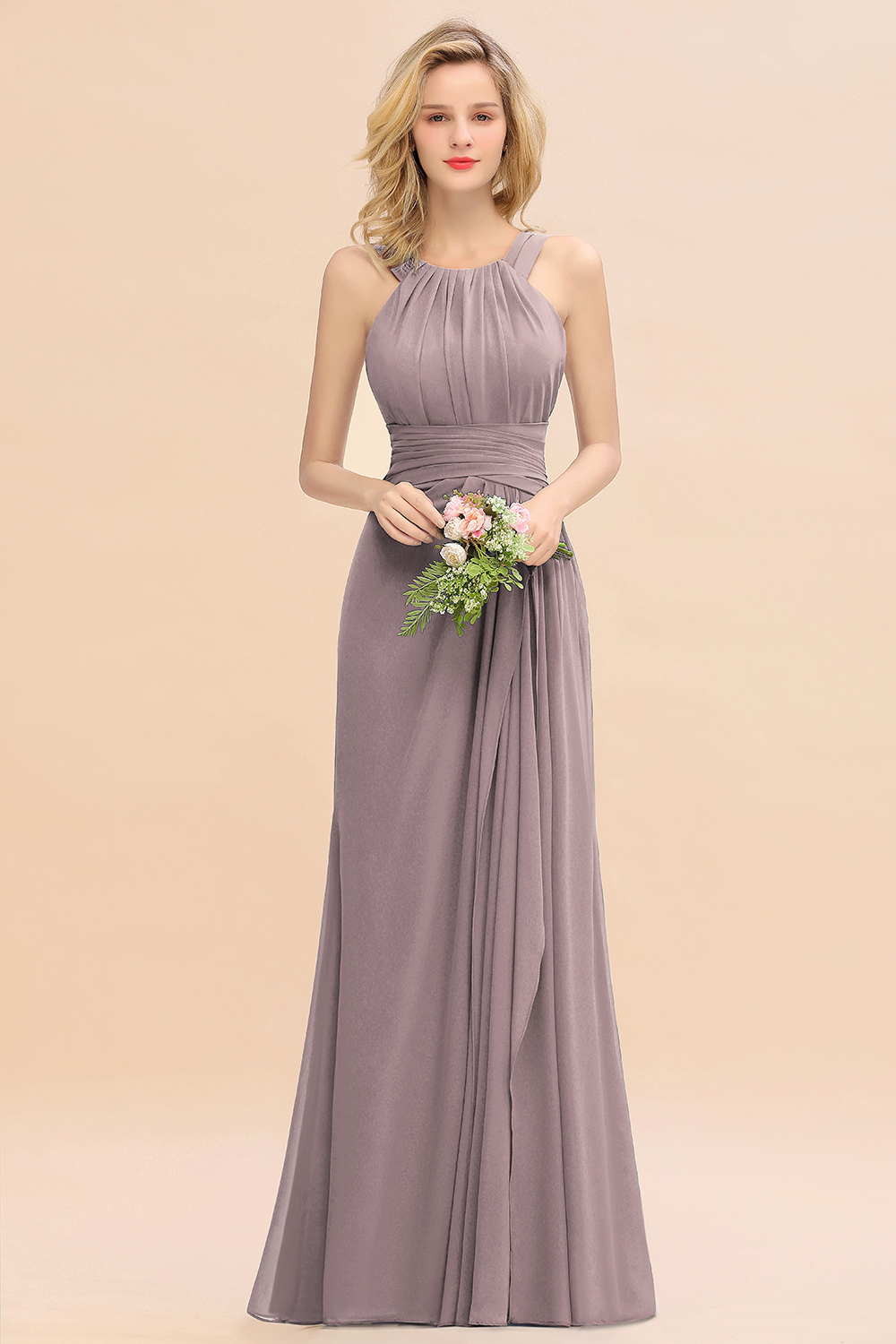 Long A-line Halter Chiffon Backless Floor-length Bridesmaid Dresses