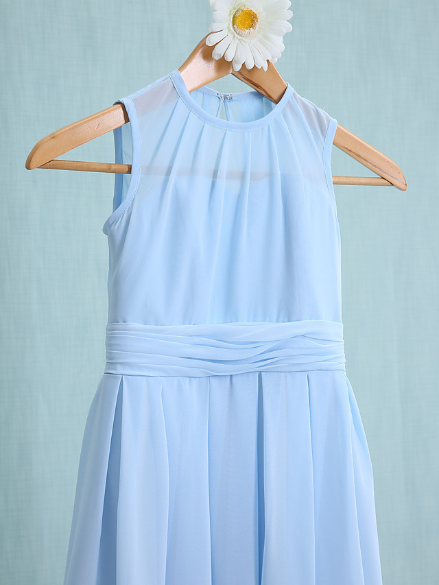 Sky Blue Long A-line Jewel Neck Knee Length Chiffon Junior Bridesmaid Dress
