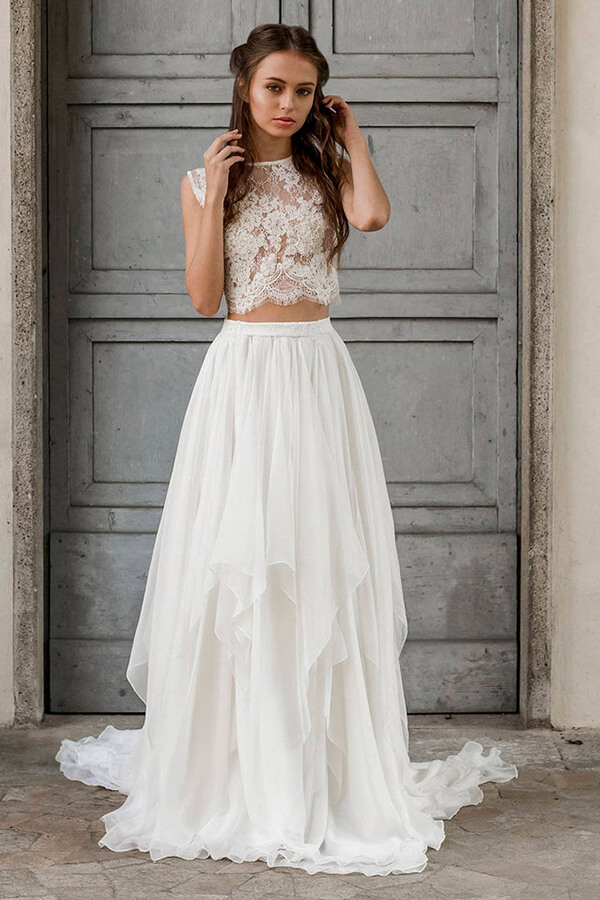 lace chiffon wedding dress A-Line Lace Chiffon Tea Length Wedding Dress Off the Shoulder Bridal Shower Dress COCOMELODY CW3431, 20 Days / Ivory / US4-UK6-EUR34