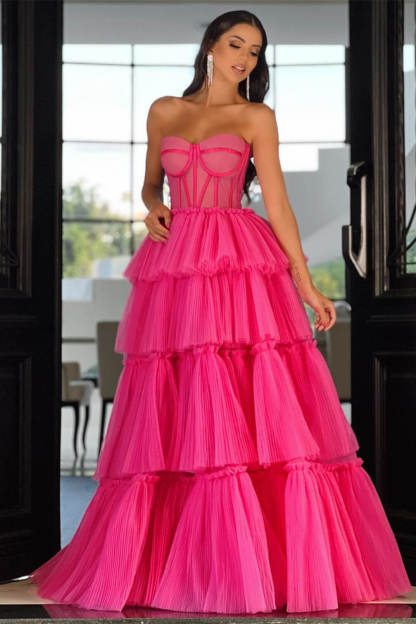 Fuchsia Long A-line Sweetheart Ruffles Tulle Prom Dresses