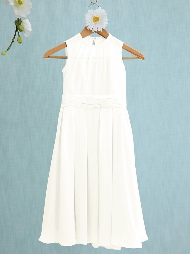 Sky Blue Long A-line Jewel Neck Knee Length Chiffon Junior Bridesmaid Dress