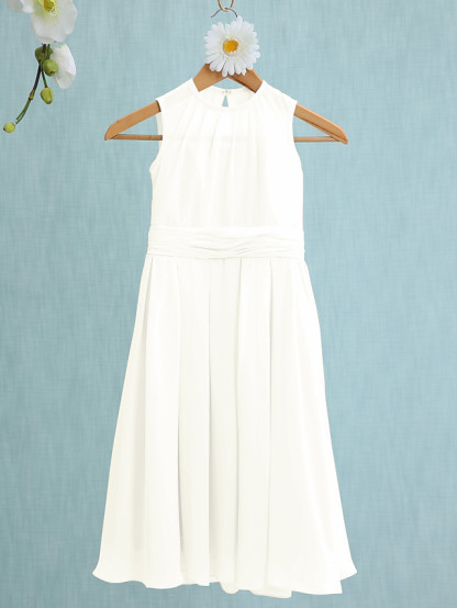 Sky Blue Long A-line Jewel Neck Knee Length Chiffon Junior Bridesmaid Dress