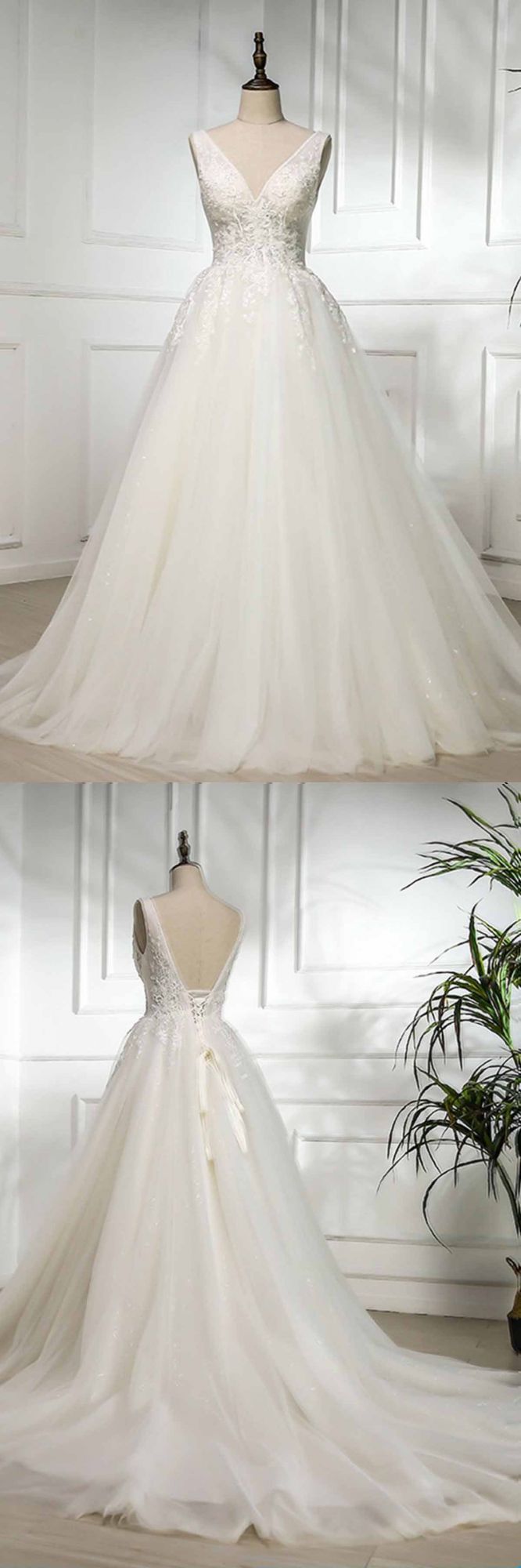 V Neck Long Lace White Lace Sweep Train A-line Wedding Dress