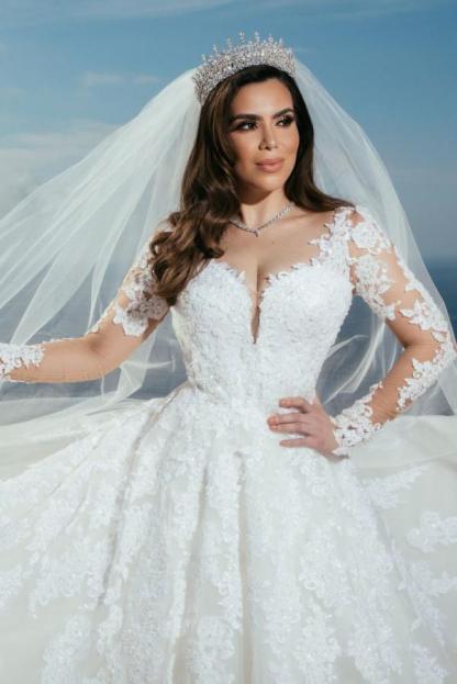 Elegant Long A-line Sweetheart Tulle Lace Long Sleeves Wedding Dress with Train