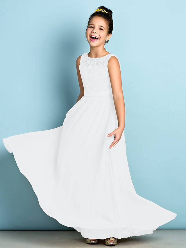 A-Line Scoop Neck Floor Length Chiffon / Lace Junior Bridesmaid Dress With Lace / Natural / Mini Me