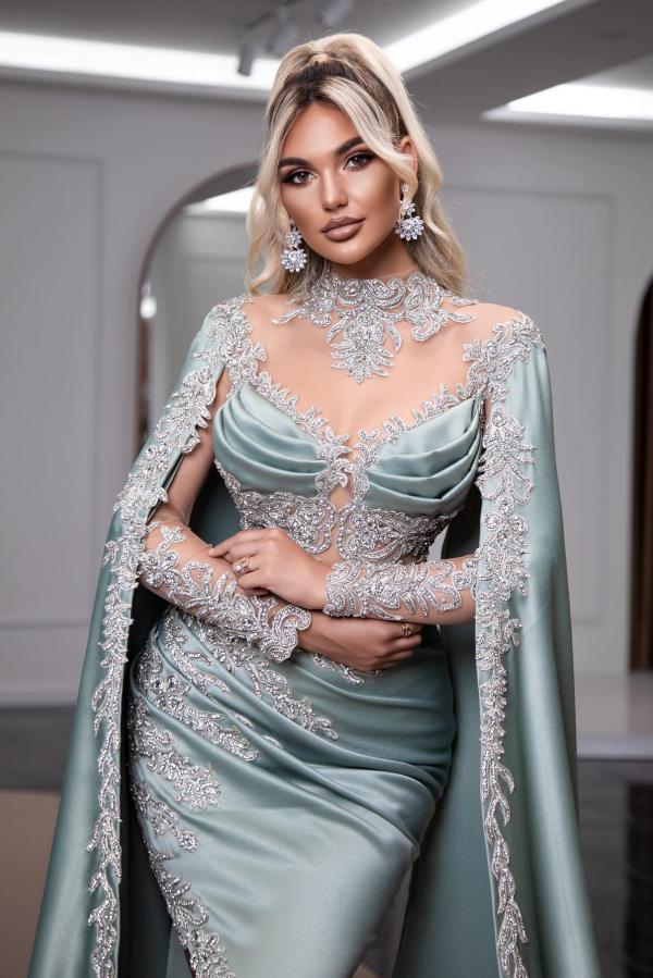 Long Sleeve High Neck Split Side Mermaid Draped Appliques Satin Prom Dress with Cape
