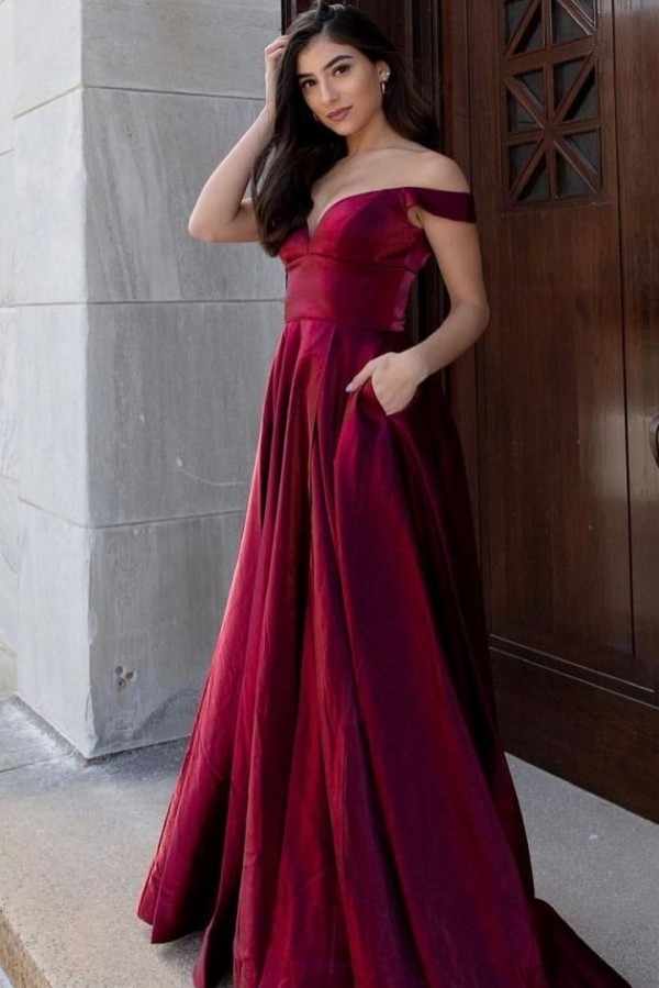 Long A-line Off the Shoulder Backless Ruffles Velvet Formal Dress With Pockets