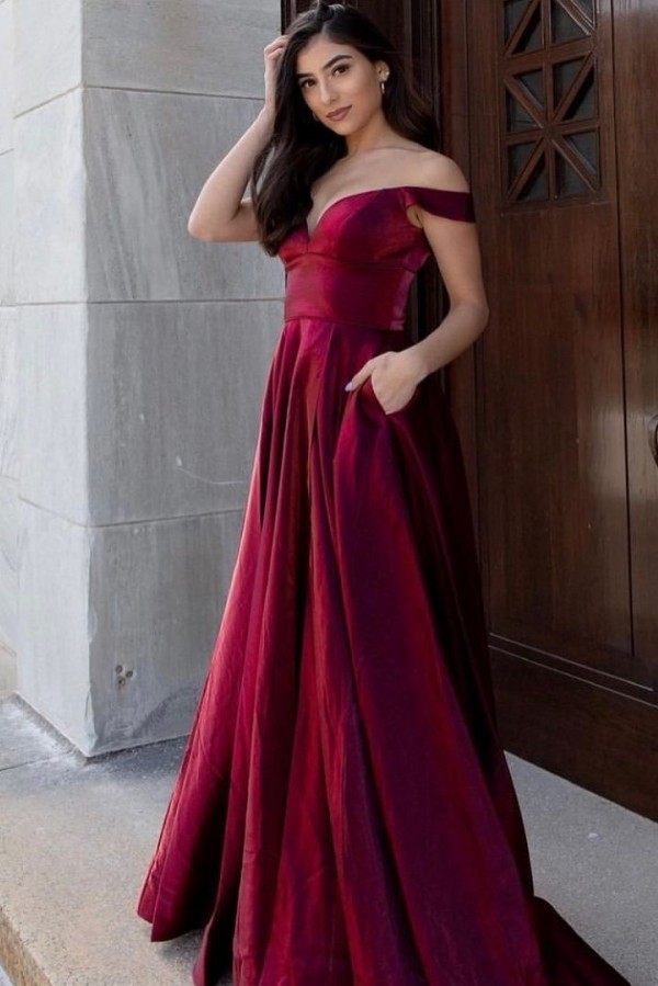 Long A-line Off the Shoulder Backless Ruffles Velvet Formal Dress With Pockets