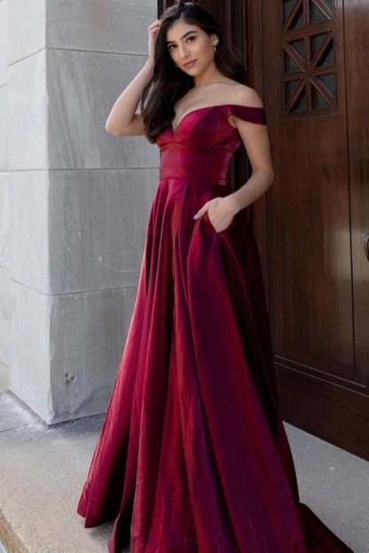 Long A-line Off the Shoulder Backless Ruffles Velvet Formal Dress With Pockets
