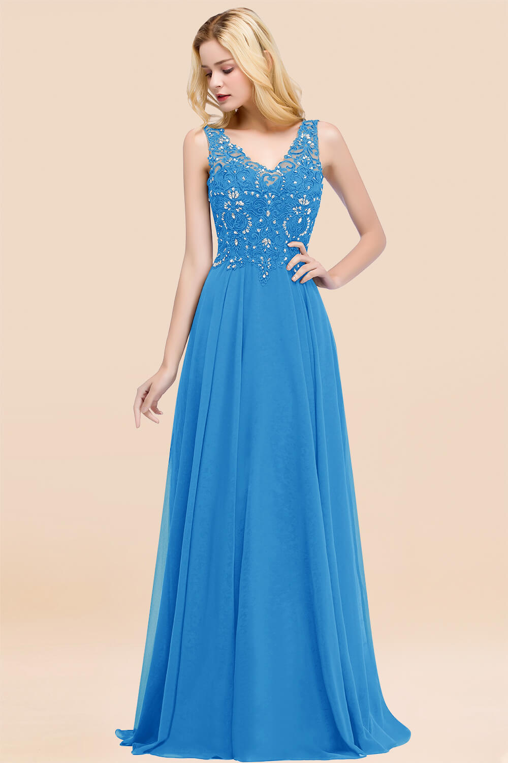A-line Chiffon Appliques V-neck Sleeveless Floor-Length Bridesmaid Dresses with Crystals