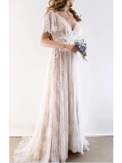 Long A-Line V Neck Tulle Lace Wedding Dresses with Short Sleeve