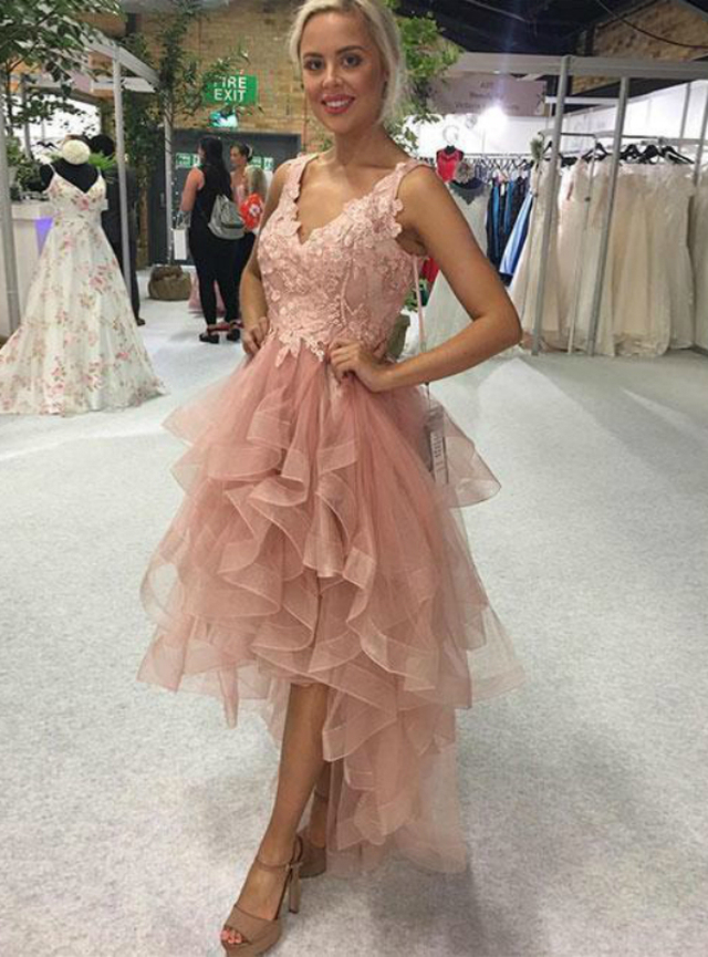 Elegant A-line V-neck Backless Appliques Lace Cascading Ruffles Tulle High Low Prom Dress
