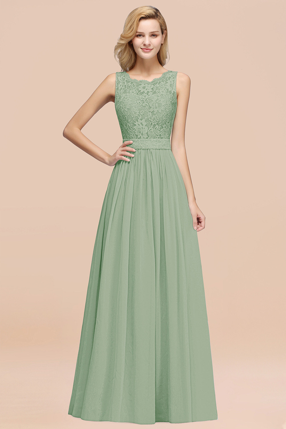 Chiffon A-Line Lace Scalloped Sleeveless Long Ruffles Bridesmaid Dress