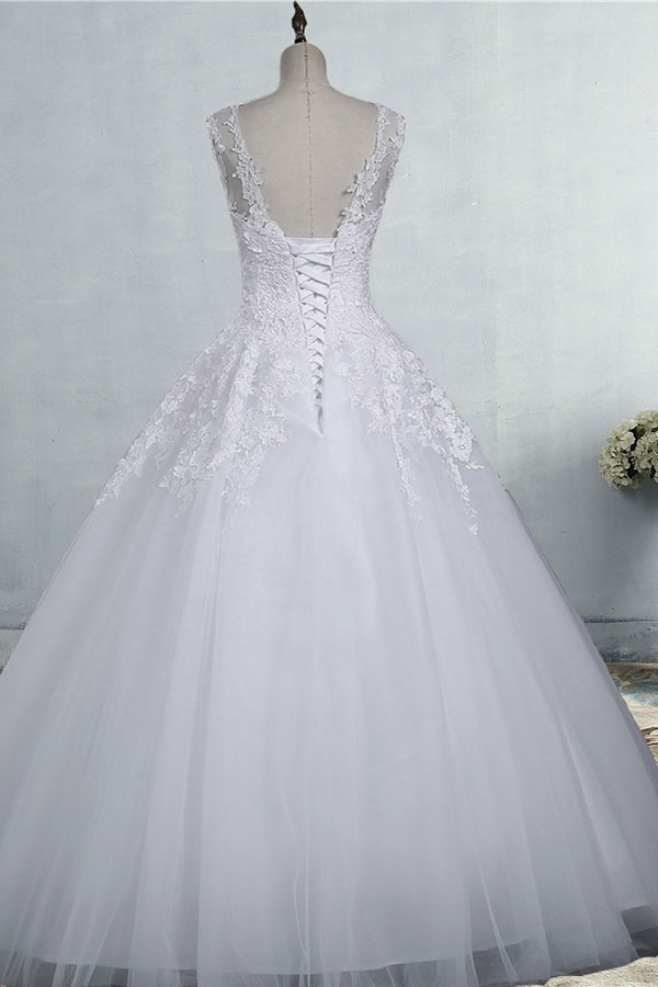 Long Appliques Lace Tulle A-line Wedding Dress