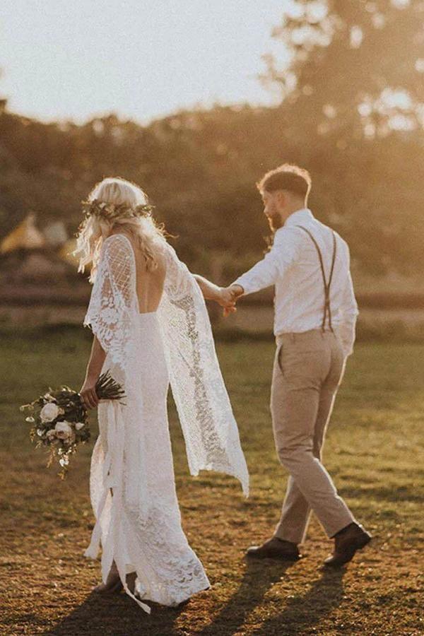 boho lace backless wedding dress Lace V Neck Backless Boho Wedding Dress A Line Lace Beach Bridal Gown –  Demodresses main image 1