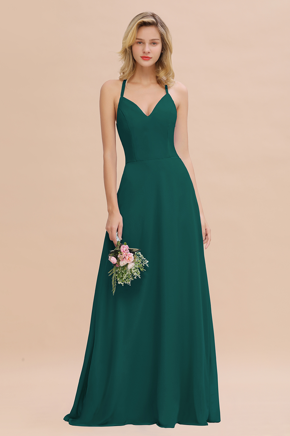 Stylish Chiffon Spaghetti Straps Sleeveless Long Bridesmaid Dress