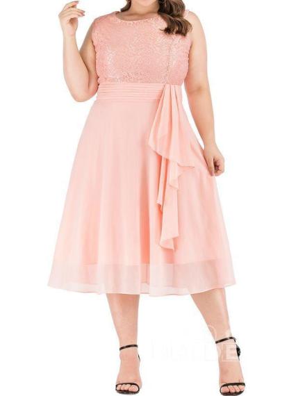 Dark Blue Plus Size Solid Round Neckline Casual Midi X-line Dress Plus Dress