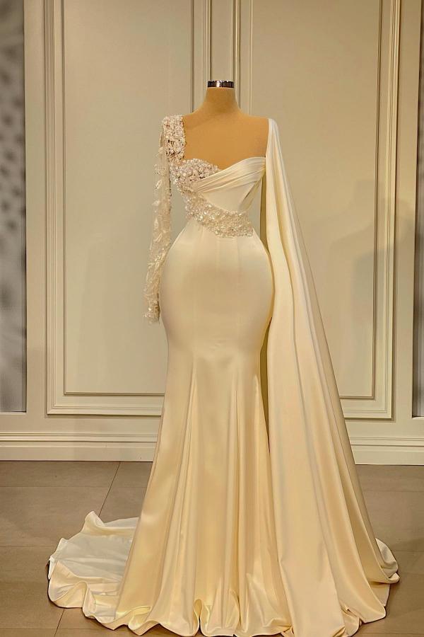 Long Mermaid Satin Fromal Prom Dress with Sleeves Ivory Evening Gowns   COCOSBRIDE