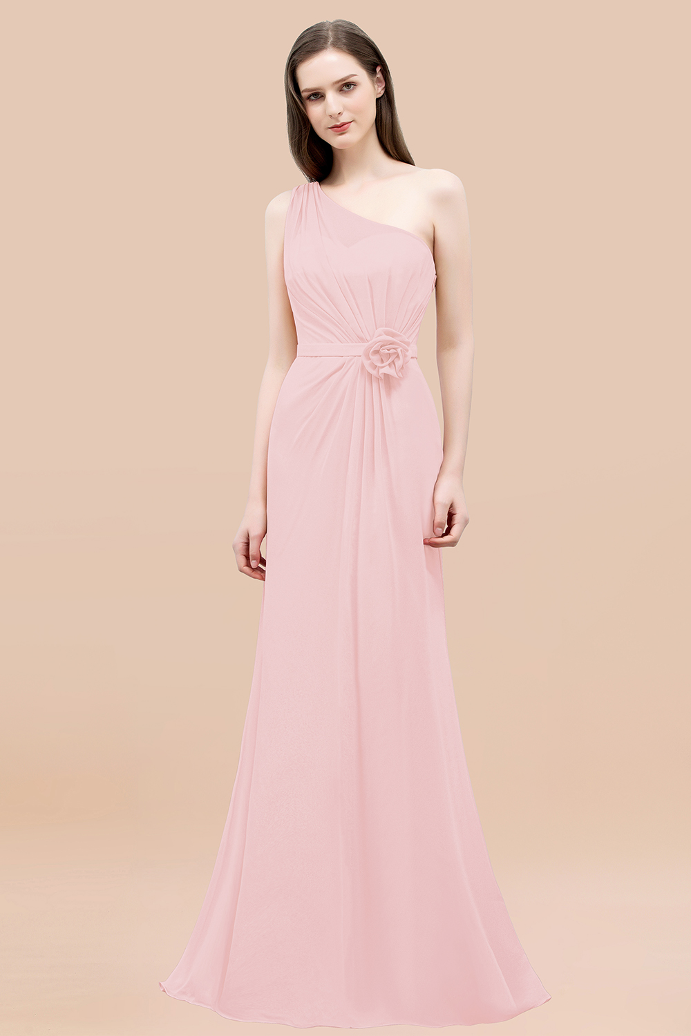 Mermaid Chiffon One-shoulder Sleeveless Ruffled Floor-Length Bridesmaid Dresses with Flower