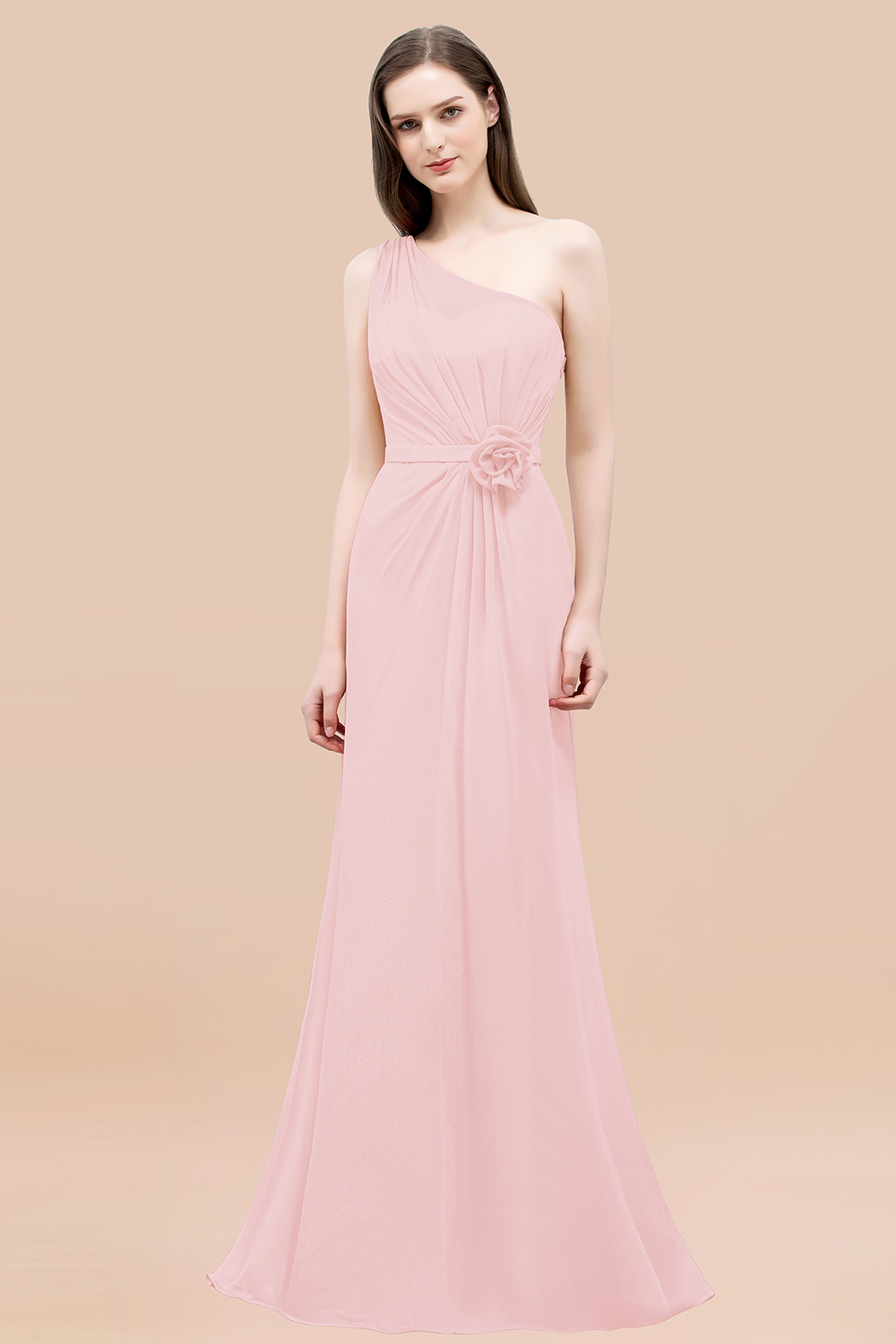 Mermaid Chiffon One-shoulder Sleeveless Ruffled Floor-Length Bridesmaid Dresses with Flower