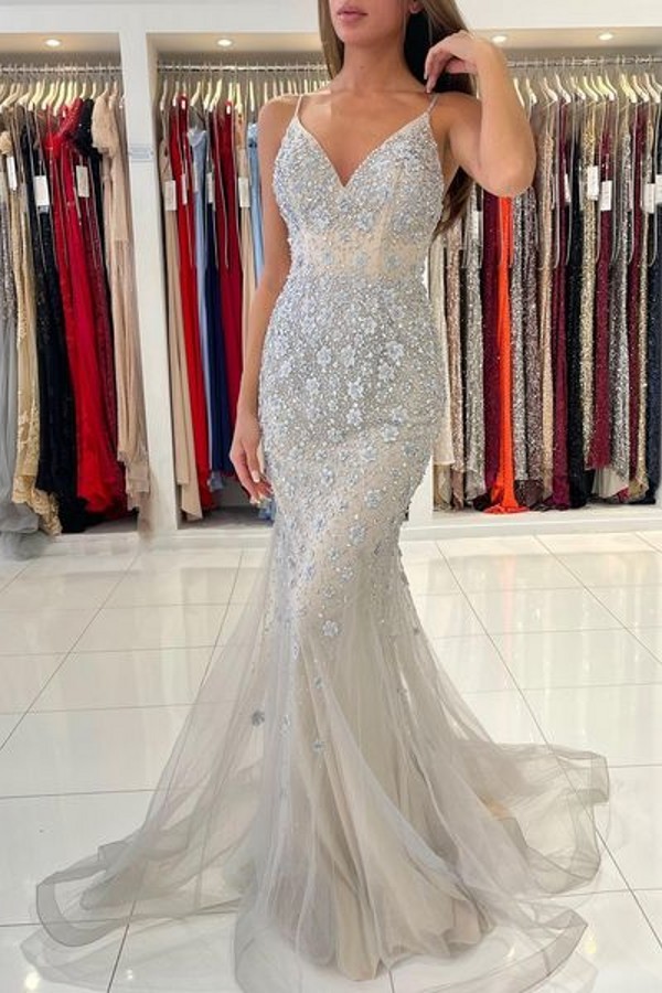 Unique Long Mermaid V-neck Lace Appliques Tulle Backless Prom Dress