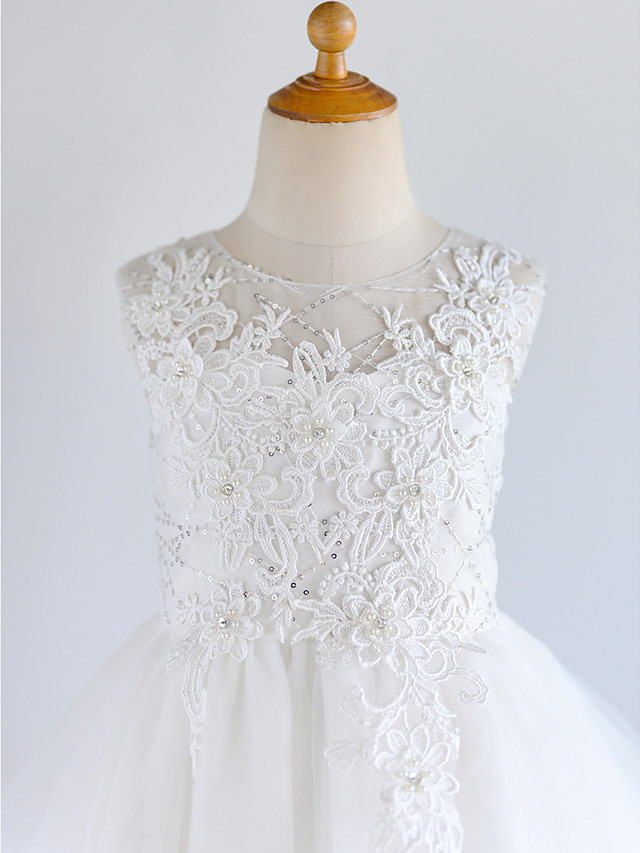 Ball Gown Asymmetrical Wedding / First Communion / Birthday Flower Girl Dresses - Lace / Tulle Sleeveless Jewel Neck With Beading