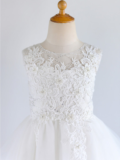 Ball Gown Asymmetrical Wedding / First Communion / Birthday Flower Girl Dresses - Lace / Tulle Sleeveless Jewel Neck With Beading