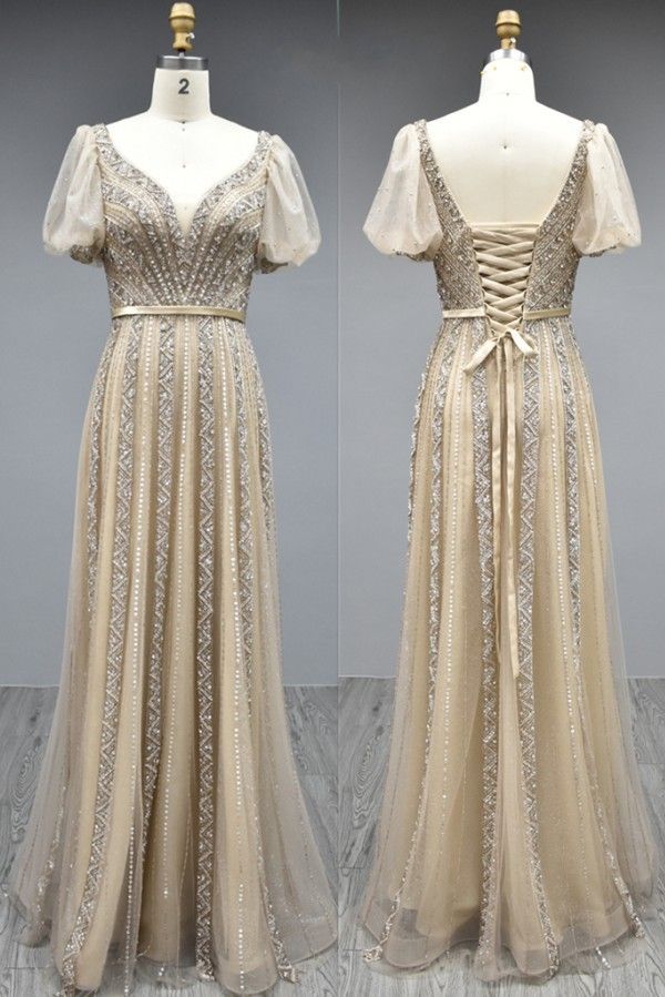 Elegant Long A-line V-neck Tulle Beading Formal Prom Dresses with Sleeves