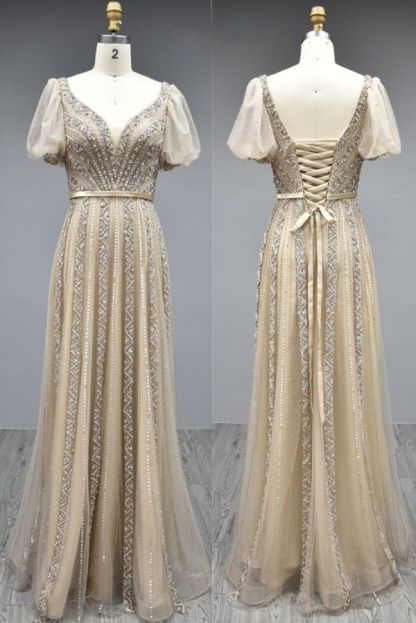 Elegant Long A-line V-neck Tulle Beading Formal Prom Dresses with Sleeves