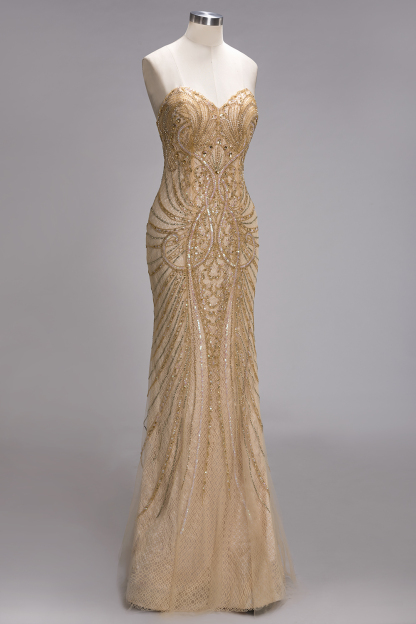 Mermaid Strapless Sweetheart Long Sequined Formal Evening Dresses with Beads