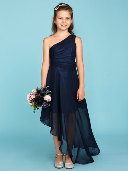 A-Line One Shoulder Asymmetrical Chiffon Junior Bridesmaid Dress With Side Draping / Wedding Party