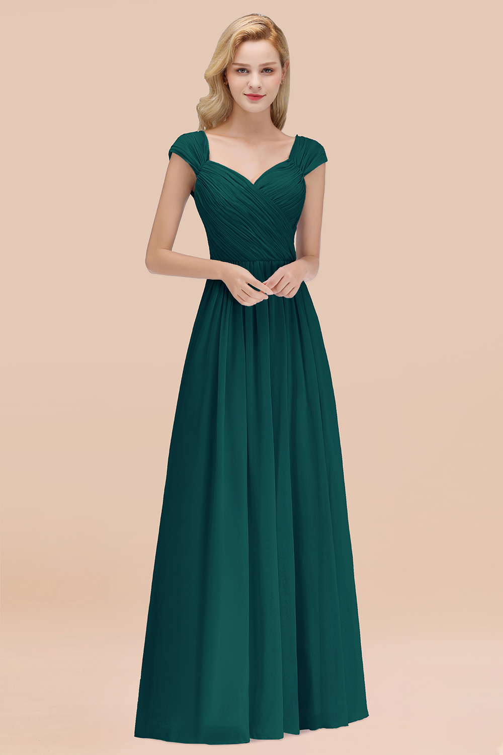 A-Line Chiffon Straps Sweetheart Sleeveless Floor-Length Bridesmaid Dress with Ruffles