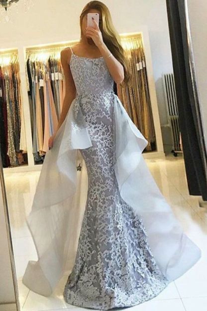 Spaghetti Straps Lace Floor-length Ruffles Mermaid Prom Dress With Train