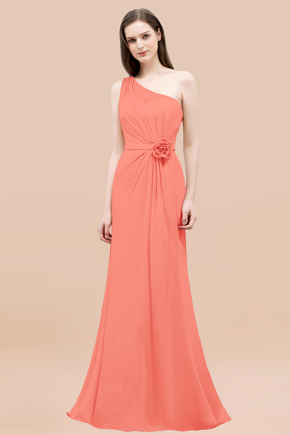 Mermaid Chiffon One-shoulder Sleeveless Ruffled Floor-Length Bridesmaid Dresses with Flower