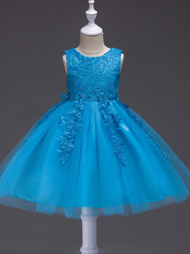 Princess Knee Length Party / Pageant Flower Girl Dresses - Tulle / Polyester Sleeveless Jewel Neck With Lace / Appliques