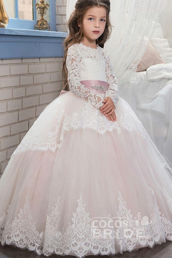 Purple Scoop Neck Long Sleeves Ball Gown Flower Girls Dress