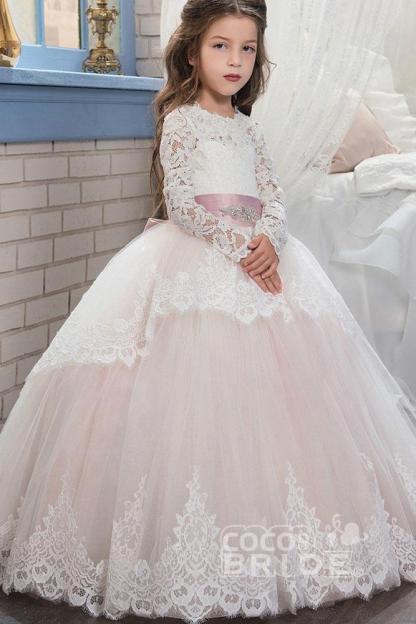 Purple Scoop Neck Long Sleeves Ball Gown Flower Girls Dress