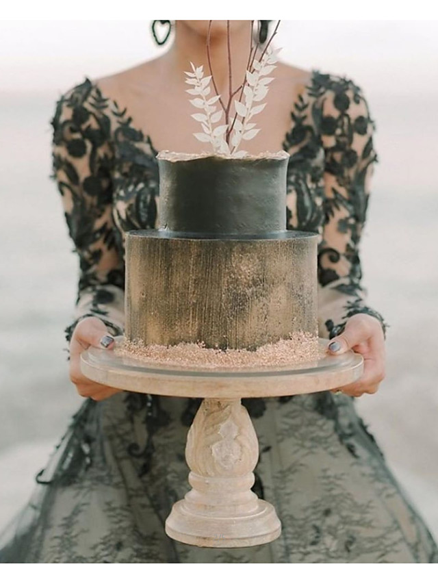 A-Line V Neck Court Train Lace Tulle Long Sleeve Country Plus Size Black Wedding Dresses