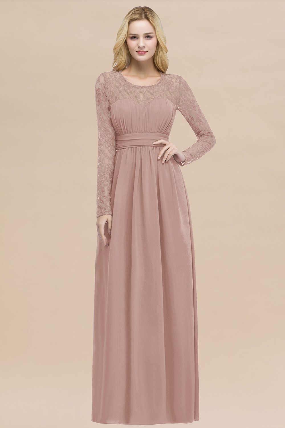 Elegant A-Line Chiffon Jewel Long Sleeves Ruffles Floor-Length Bridesmaid Dresses