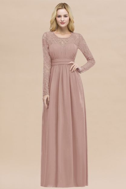 Elegant A-Line Chiffon Jewel Long Sleeves Ruffles Floor-Length Bridesmaid Dresses