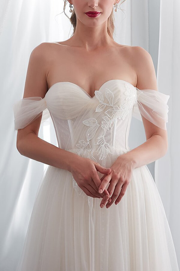Long Sweetheart Lace-up Tulle Off the Shoulder A-line Wedding Dress